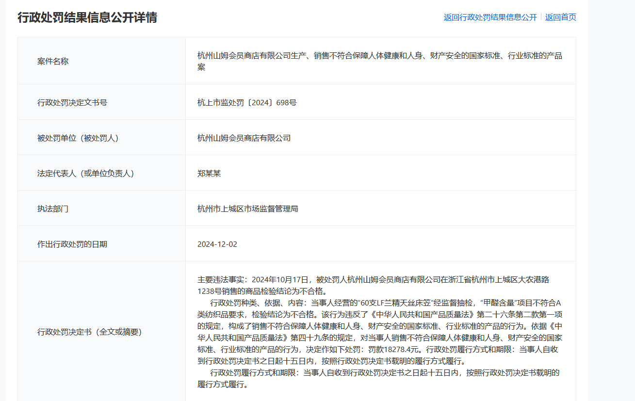 山姆床笠甲醛超標(biāo)遭罰，質(zhì)量監(jiān)管需加強(qiáng)警覺